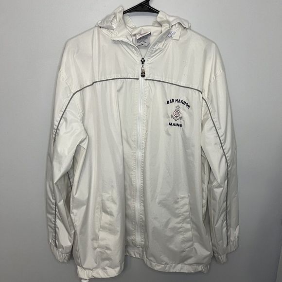 Dimco Apparel Jacket Bar Harbor Maine Medium White Windbreaker Removable Hood VG - Picture 1 of 11